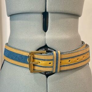 Escada Sport Denim and Honey Leather Belt, Gold Tone Buckle, GUC, 34”